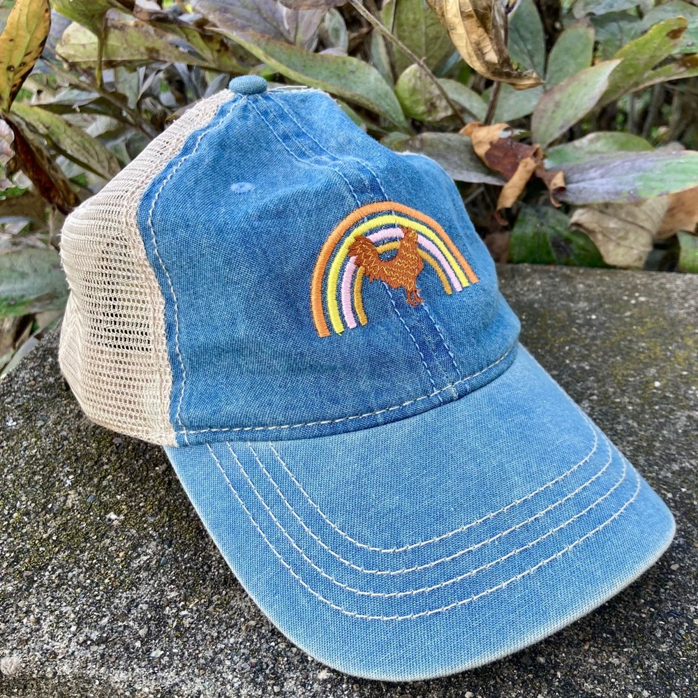 Blue Denim Cap with Rainbow Embroidery